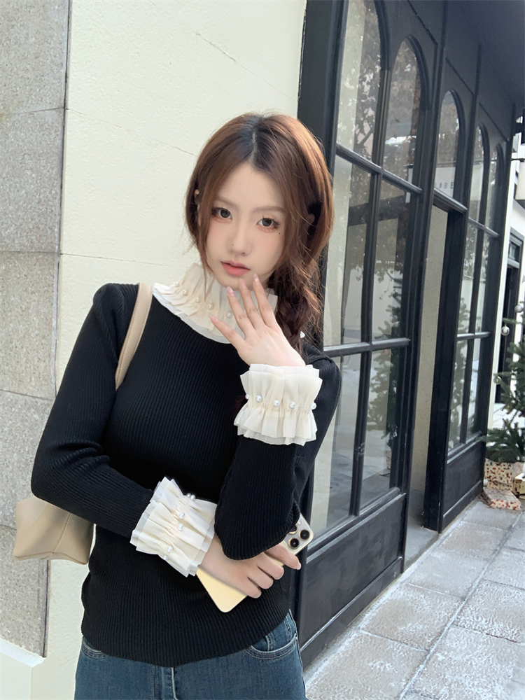 France style cstand collar long sleeve beading sweater