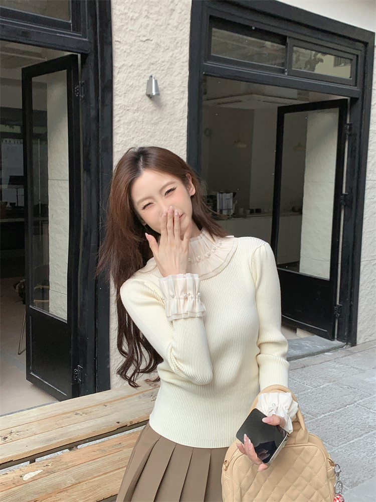 France style cstand collar long sleeve beading sweater