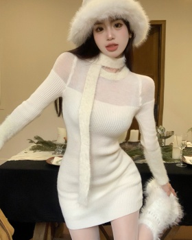 Knitted plush dress scarf splice sweater for women