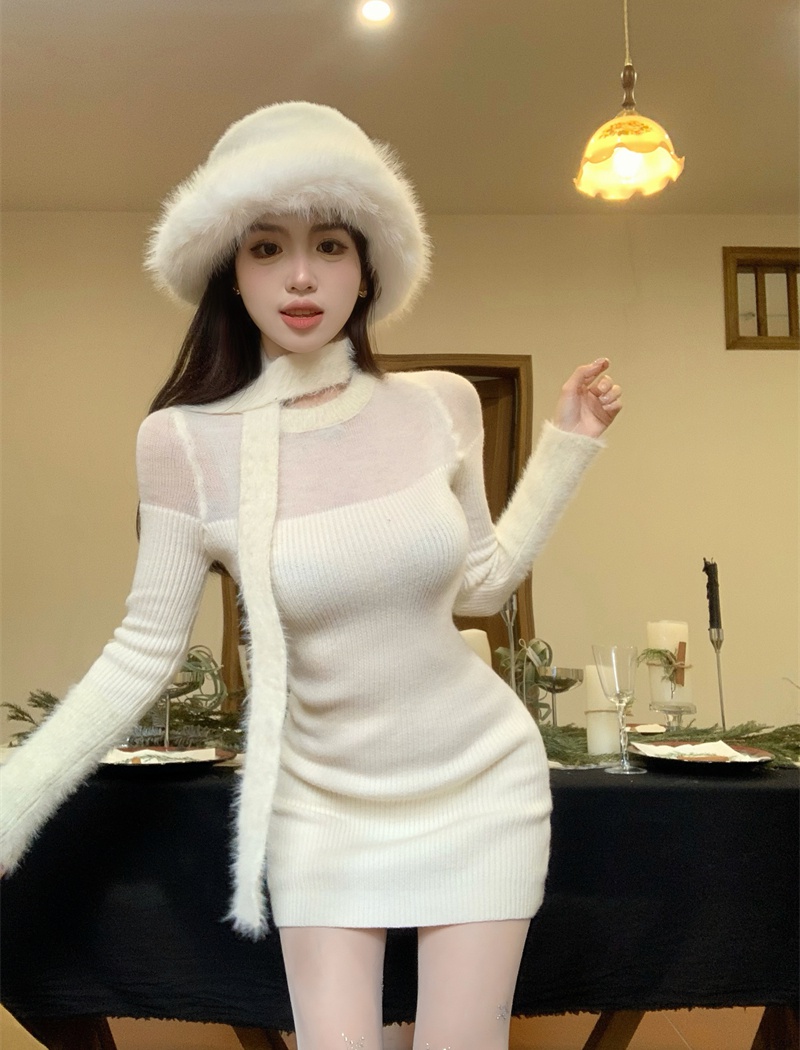 Knitted plush dress scarf splice sweater for women