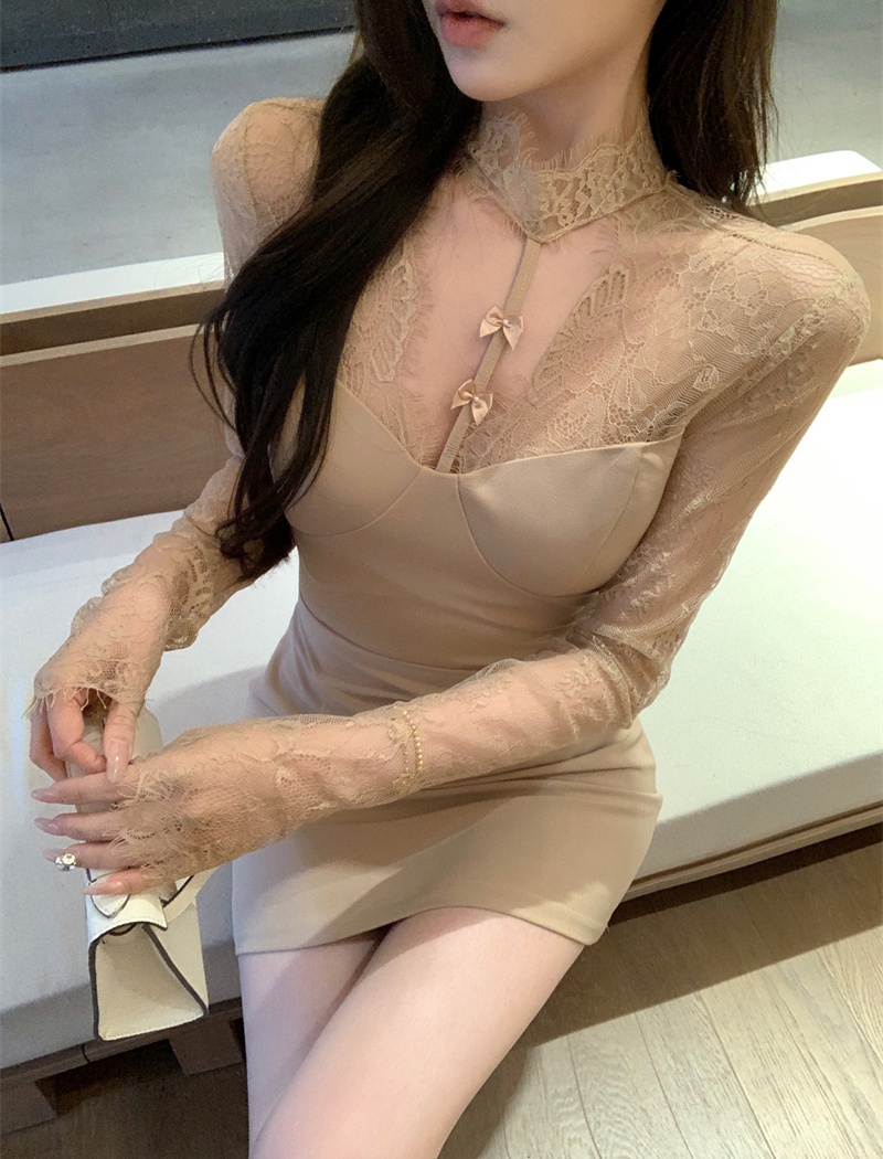 Splice lace hollow enticement sexy long sleeve dress
