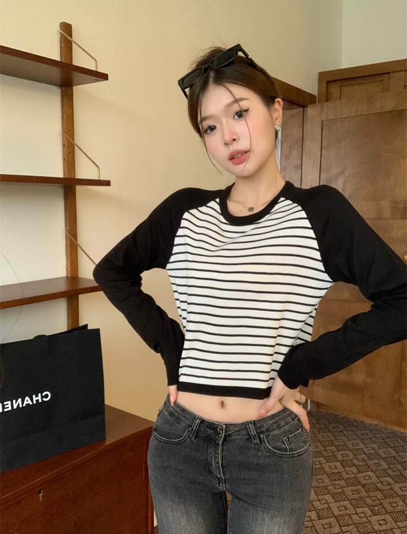 Casual lazy long sleeve sweater stripe round neck T-shirt