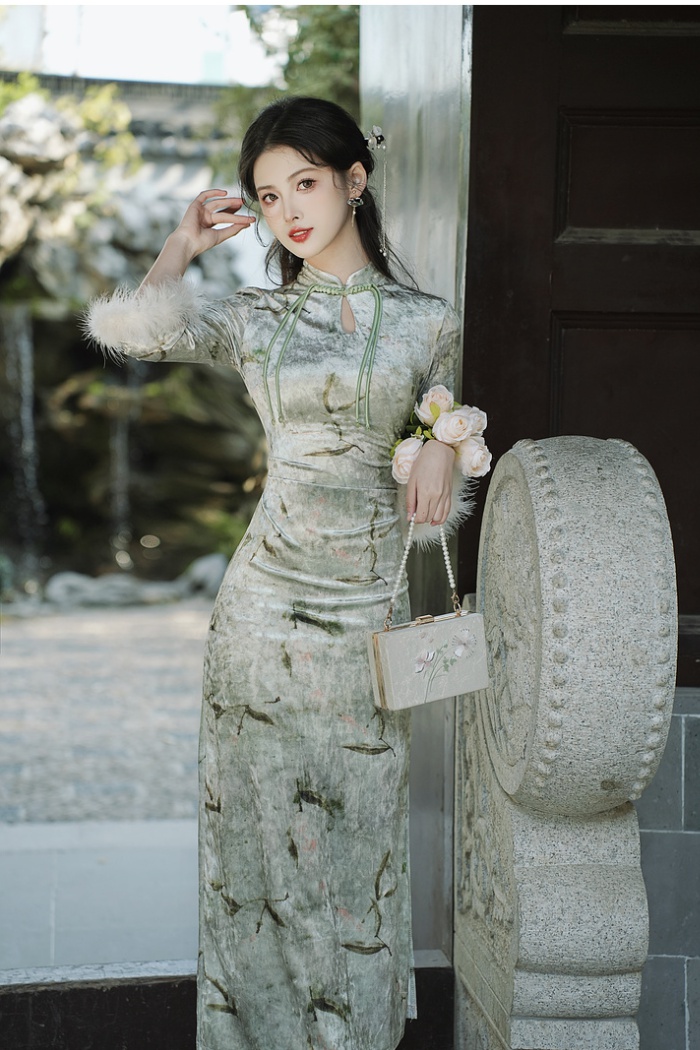Autumn retro cheongsam Chinese style elmo sleeve dress