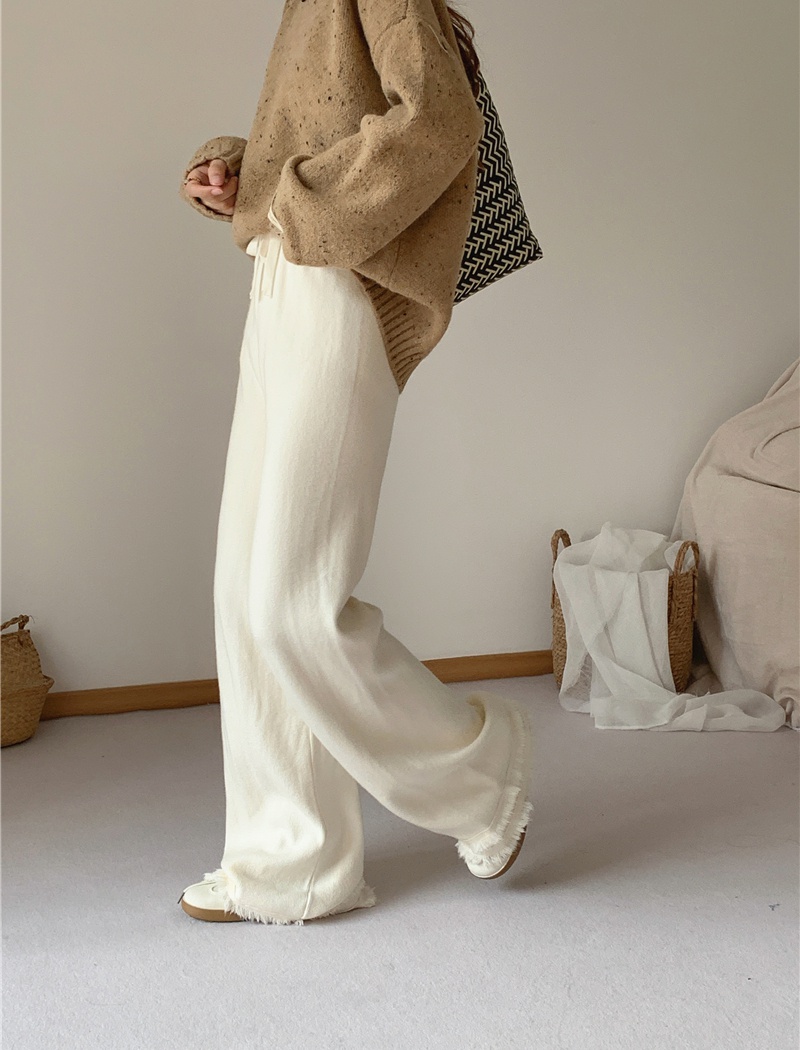 High waist straight knitted tassels long pants for women