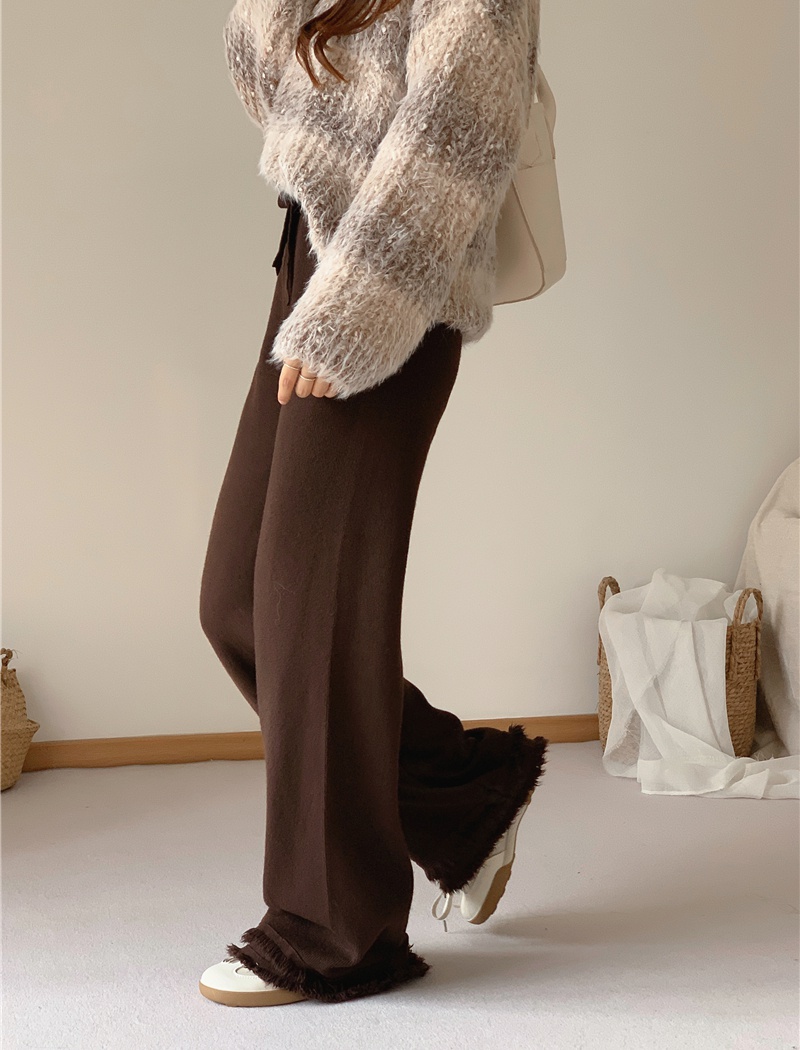 High waist straight knitted tassels long pants for women