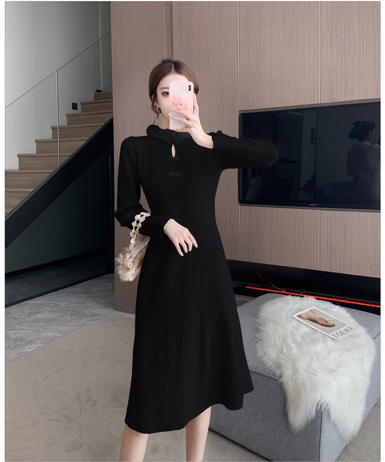Fur collar long cheongsam knitted dress for women