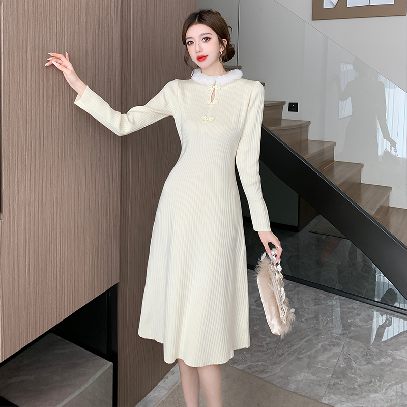 Fur collar long cheongsam knitted dress for women