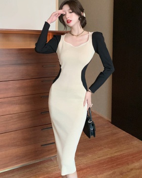V-neck split France style mixed colors Korean style dress