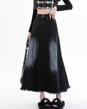 High waist A-line long skirt denim burr long skirt for women