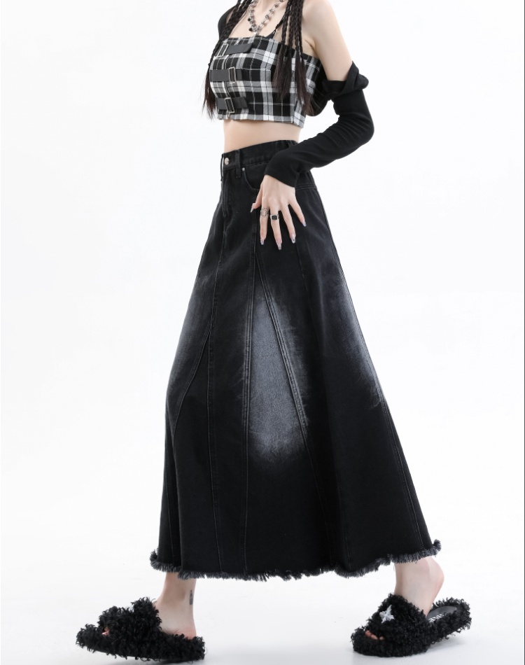 High waist A-line long skirt denim burr long skirt for women