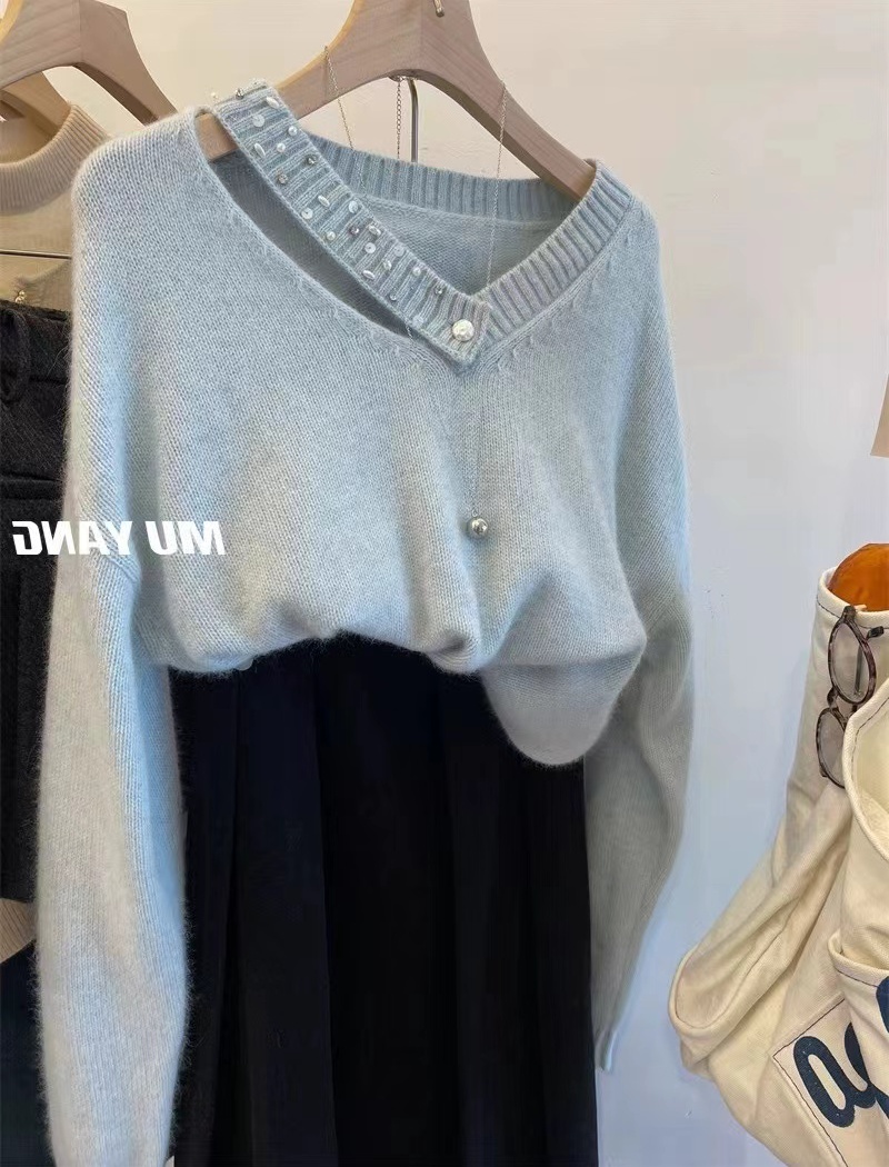 France style lazy sweater V-neck loose tops for women