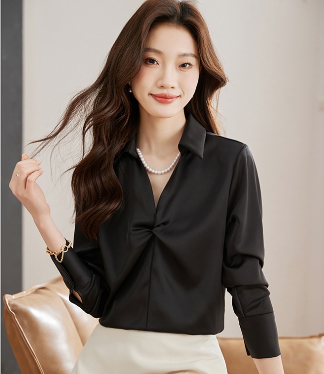 Spring all-match satin shirt V-neck Korean style tops