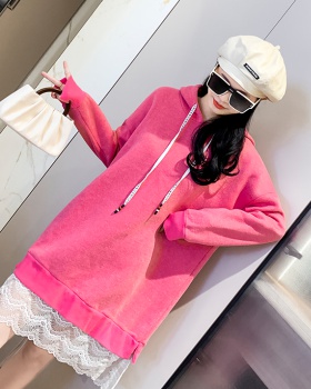 Hooded long Pseudo-two dress fat loose hoodie for women