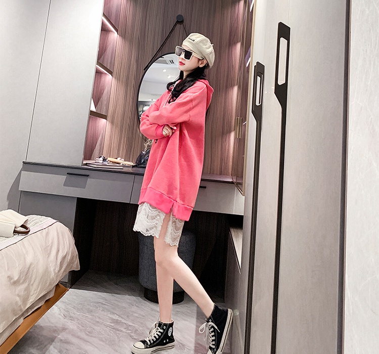 Hooded long Pseudo-two dress fat loose hoodie for women