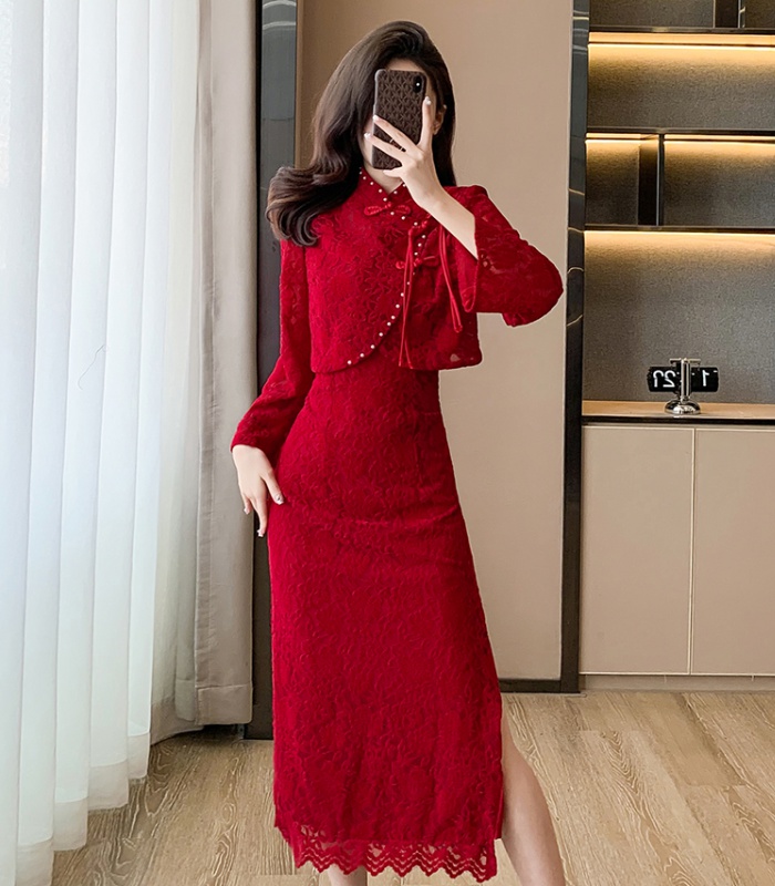 Autumn Chinese style cheongsam red evening dress a set