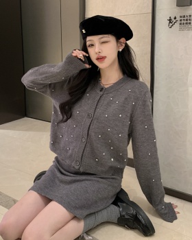 Rhinestone long sleeve cardigan package hip knitted tops a set