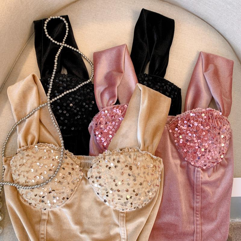 Sequins bottoming vest with chest pad beauty back tops