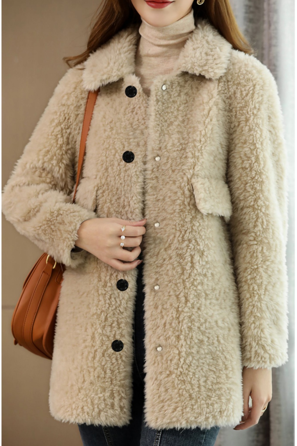 Lambs wool long fur coat winter coat