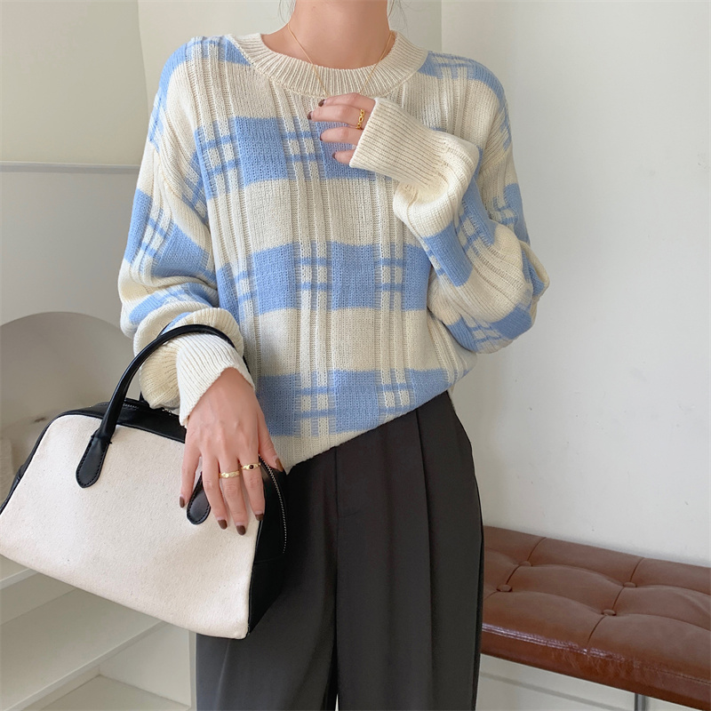 Inside the ride lazy round neck sweater stripe pullover thick tops
