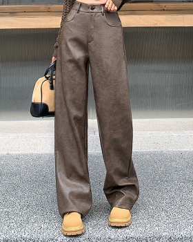 Straight slim leather pants PU wide leg pants for women