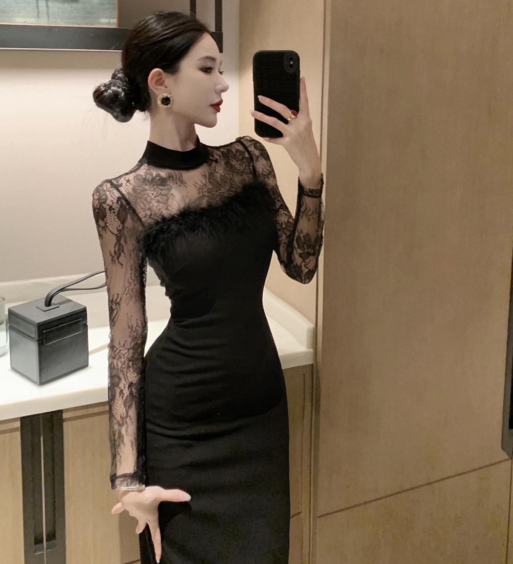 Elasticity bottoming lace tight dress