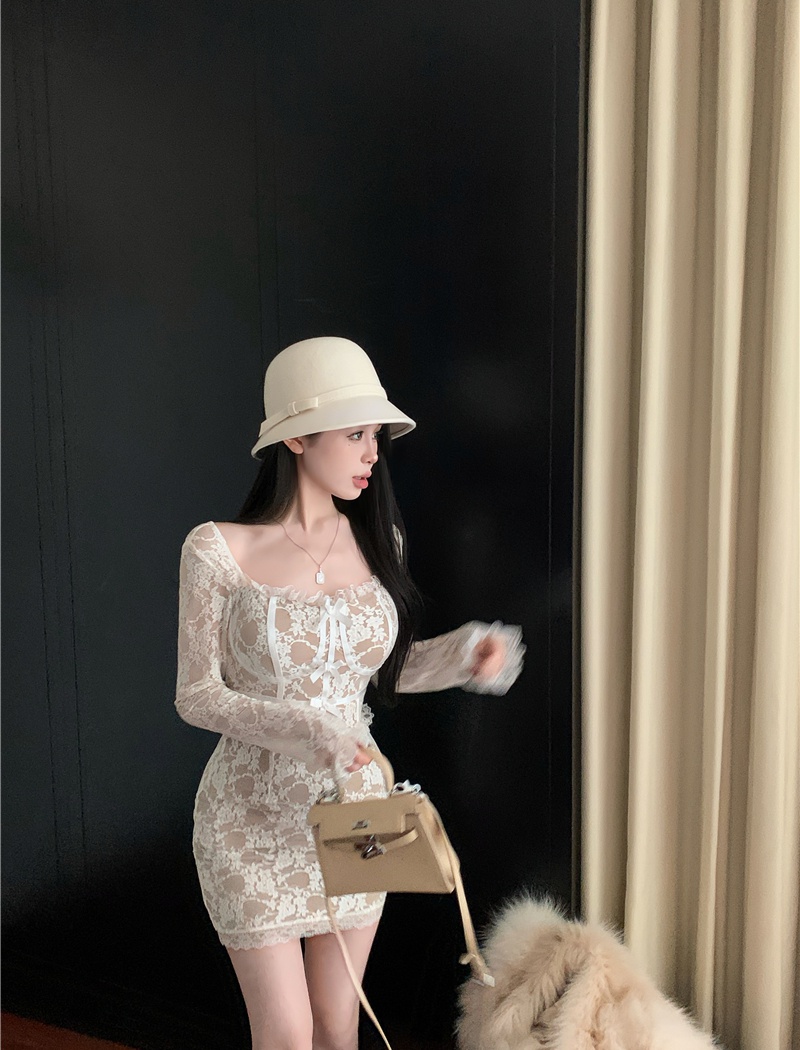 Long sleeve slim lace pinched waist package hip dress