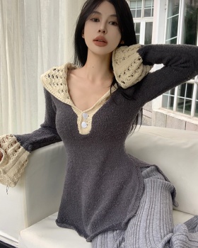 Mixed colors lapel hollow long sleeve sweater for women