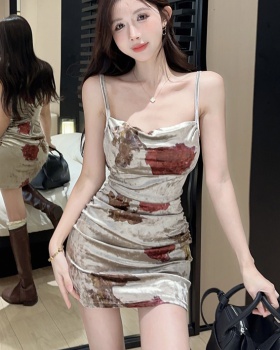 Flat shoulder slim velvet printing retro dress