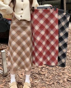 Autumn and winter high waist A-line plaid woolen skirt