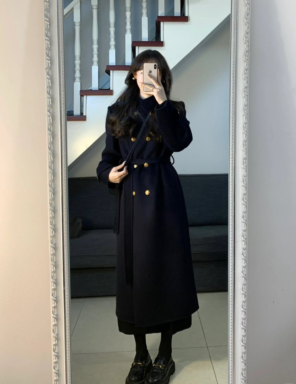 Cstand collar Korean style long loose frenum woolen coat