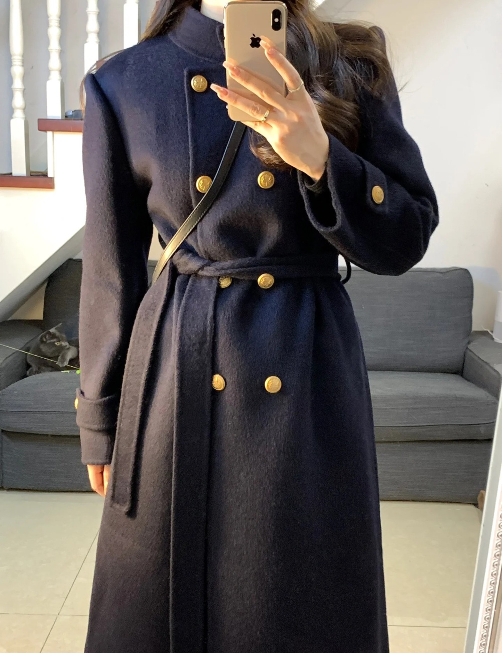 Cstand collar Korean style long loose frenum woolen coat