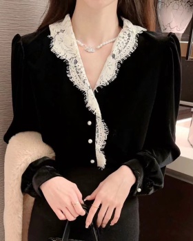 Black velvet shirt lace coat for women