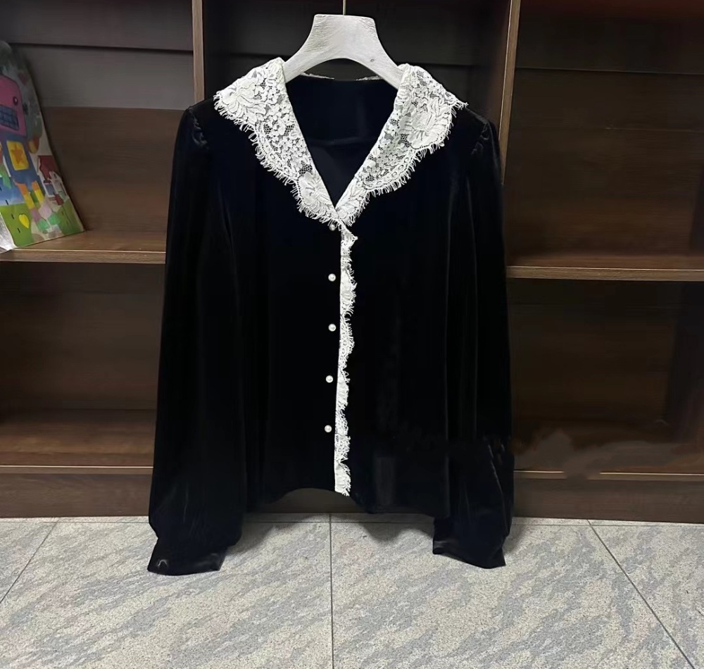 Black velvet shirt lace coat for women