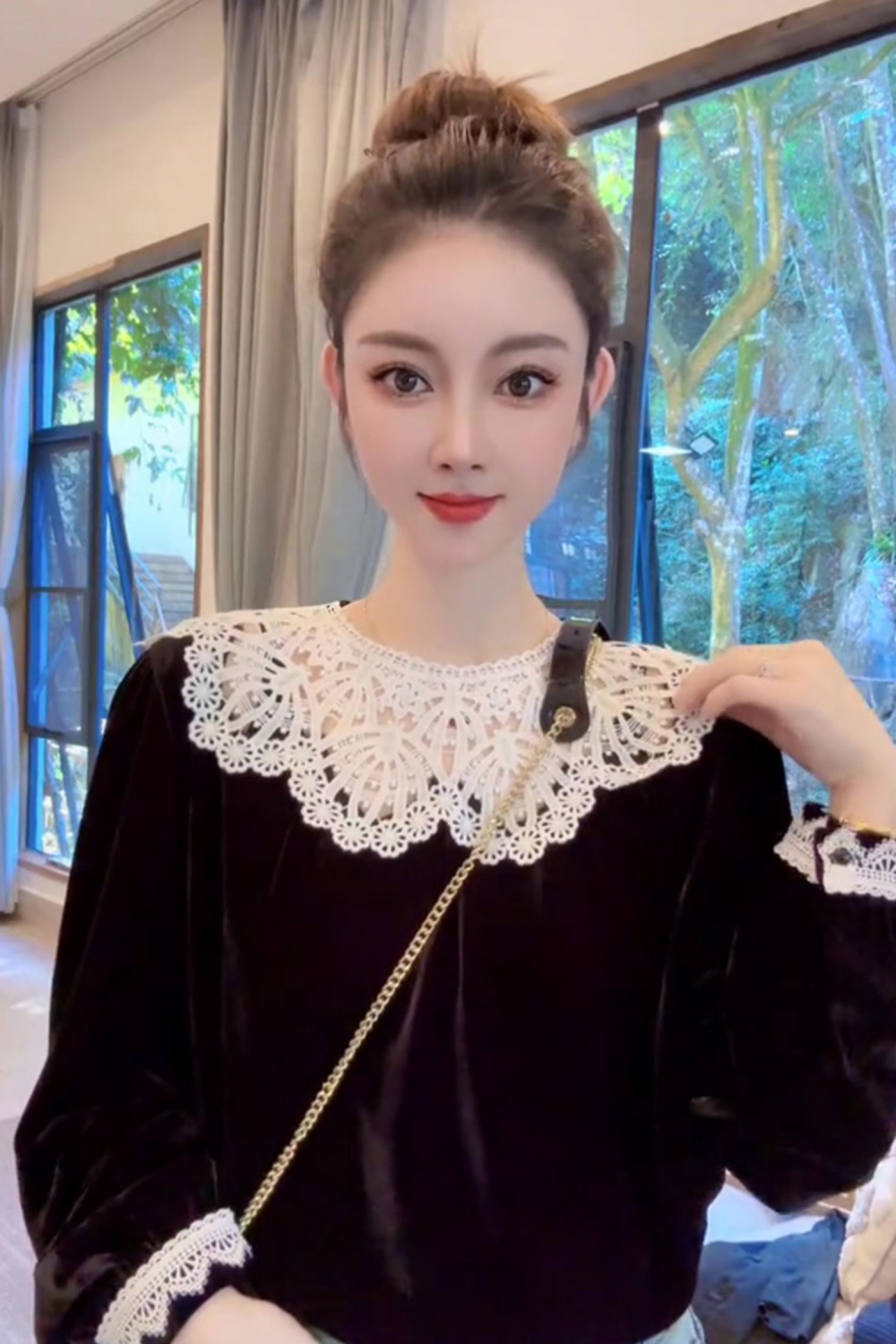 France style black splice small shirt unique velvet tops for women