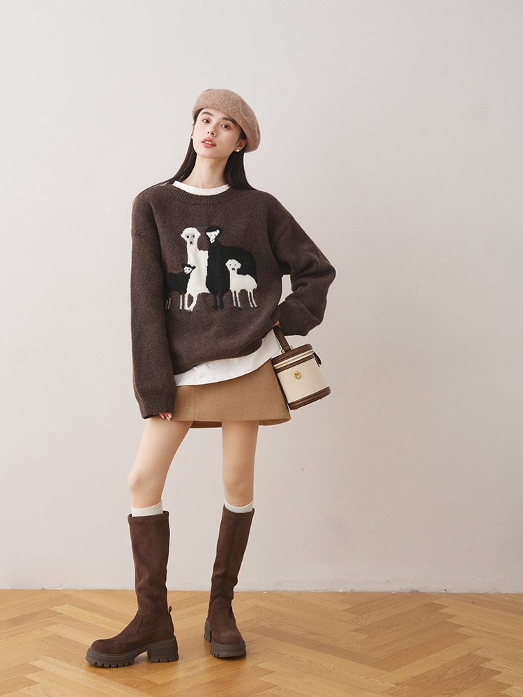 Winter lazy pullover tops round neck knitted sweater