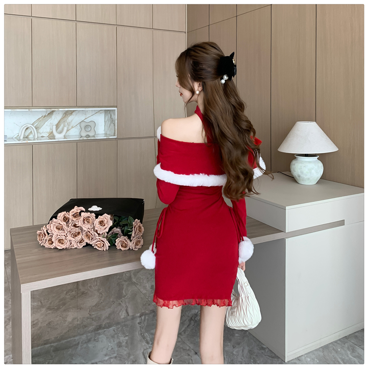 Elmo autumn and winter flat shoulder christmas dress