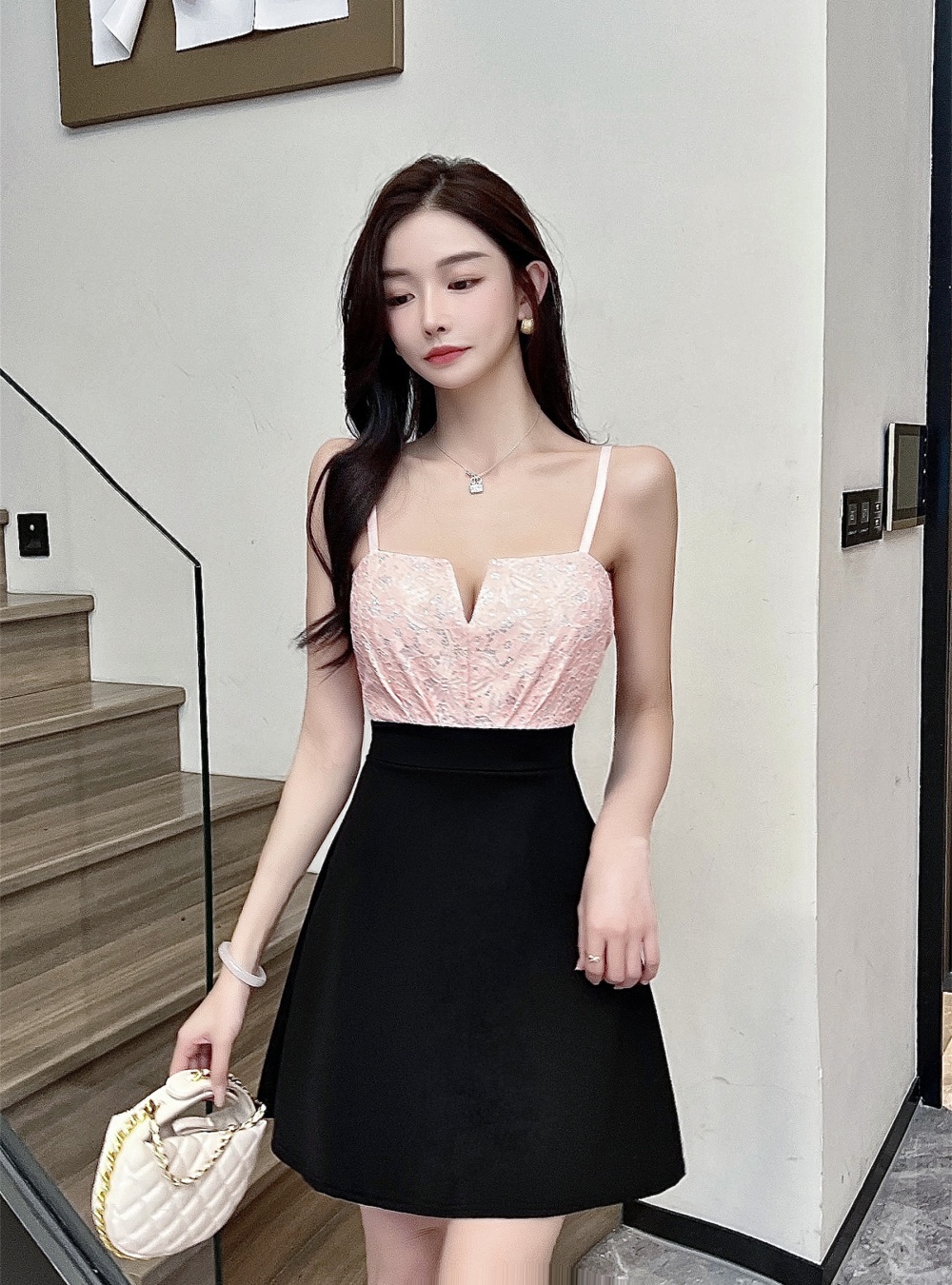 Sling mixed colors lace splice slim dress