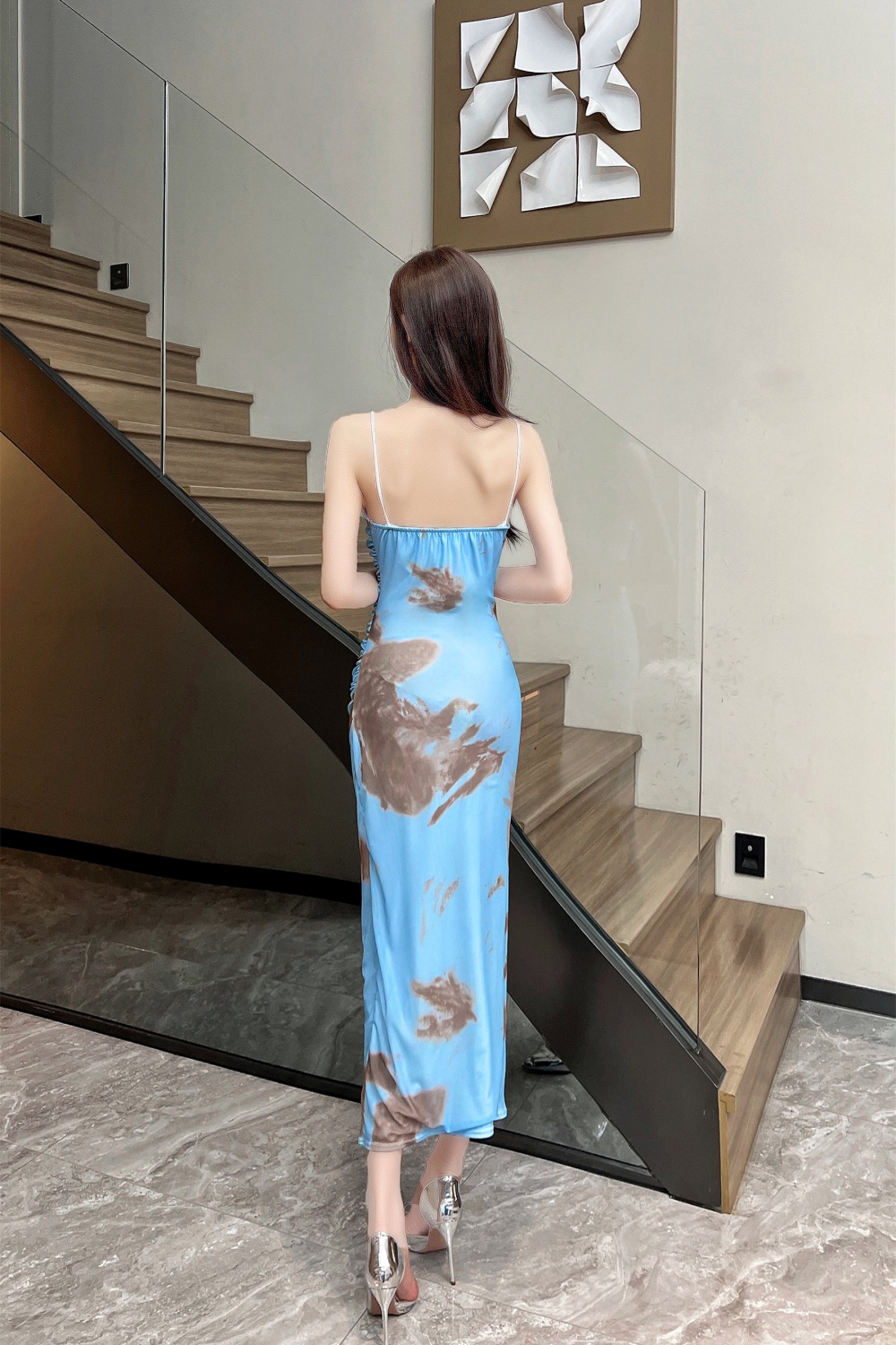 Sexy sling high split fashion printing dress