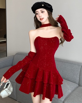 Niche temperament sexy christmas wrapped chest starry dress
