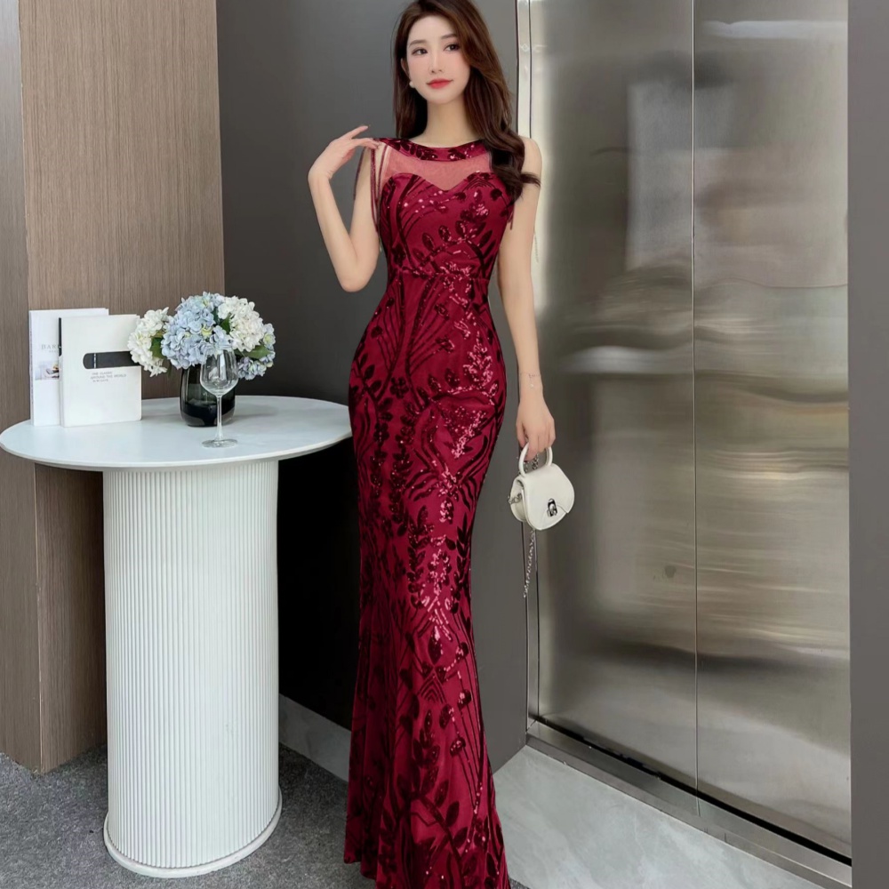 Host tassels temperament wine-red banquet dress