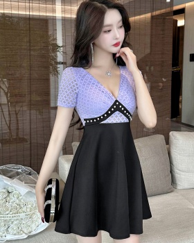 Pinched waist A-line square collar short sleeve slim dress