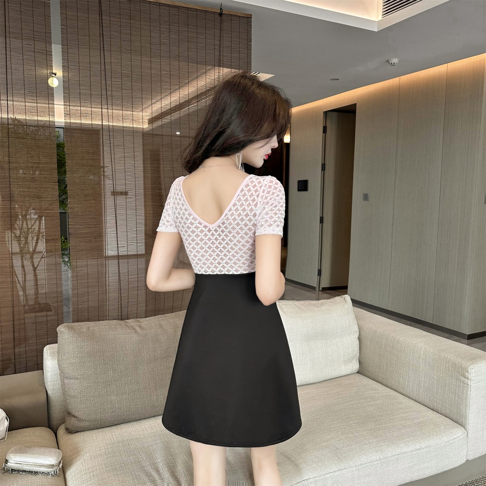 Pinched waist A-line square collar short sleeve slim dress