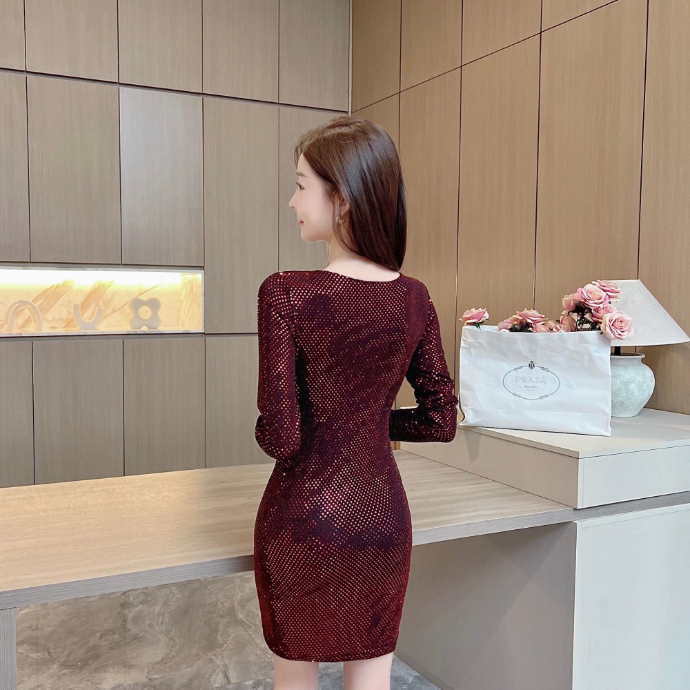Bottoming package hip sequins tight long sleeve dress