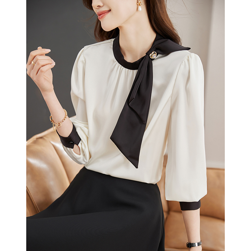 Bow satin shirt mixed colors spring tops for women