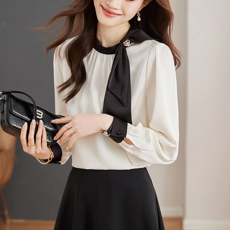 Bow satin shirt mixed colors spring tops for women