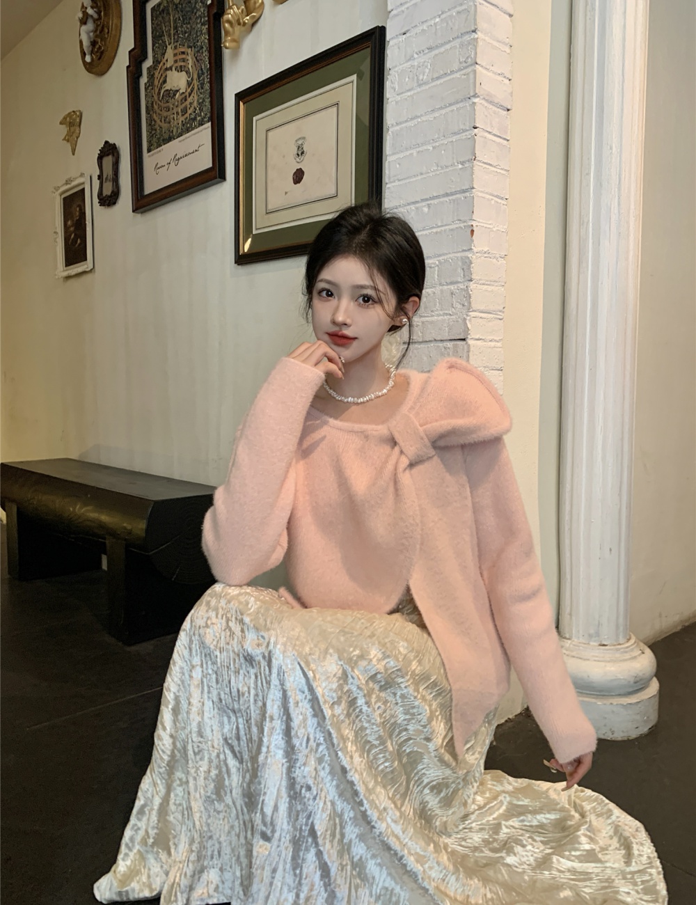 Bow irregular Korean style slim long sleeve sweater