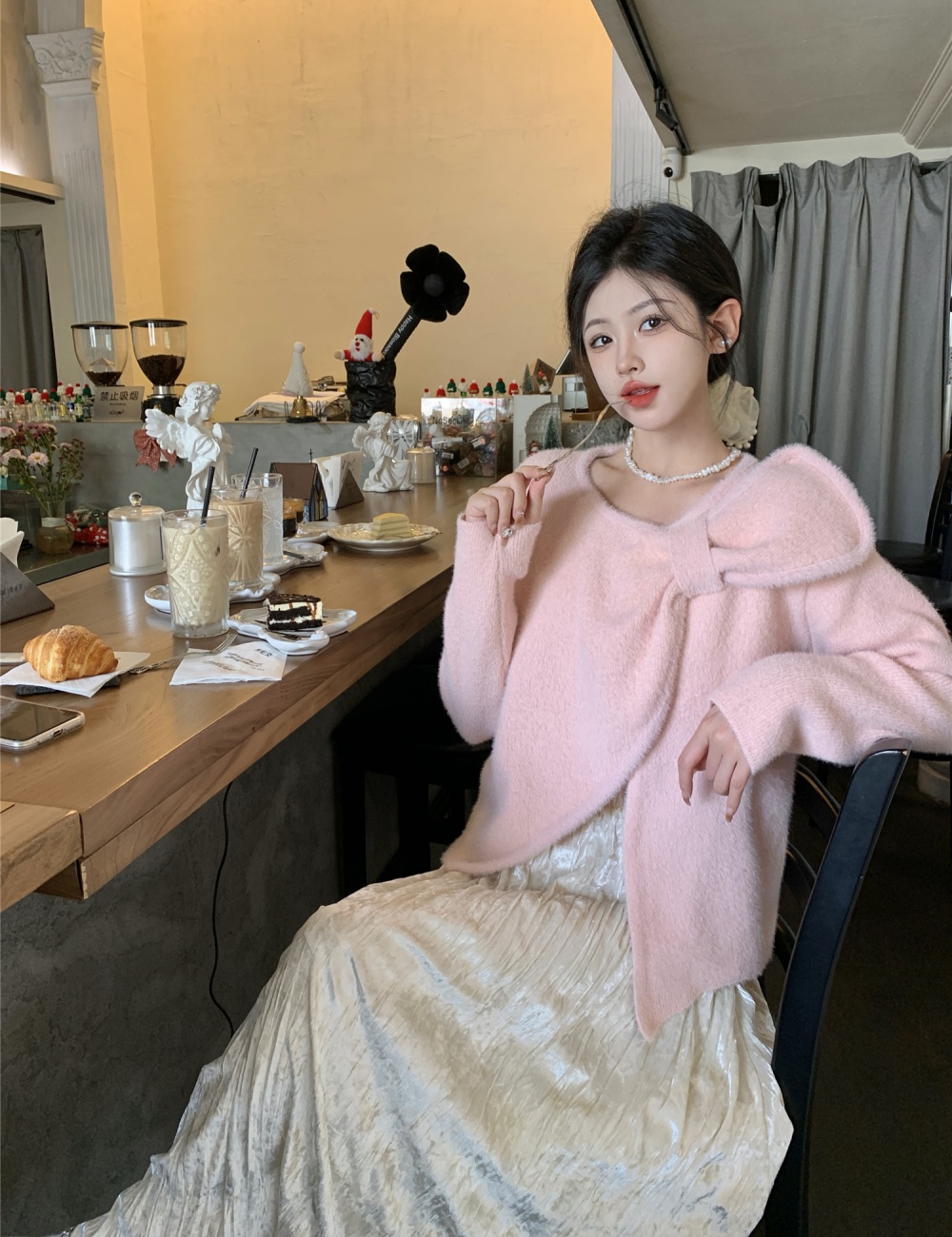 Bow irregular Korean style slim long sleeve sweater