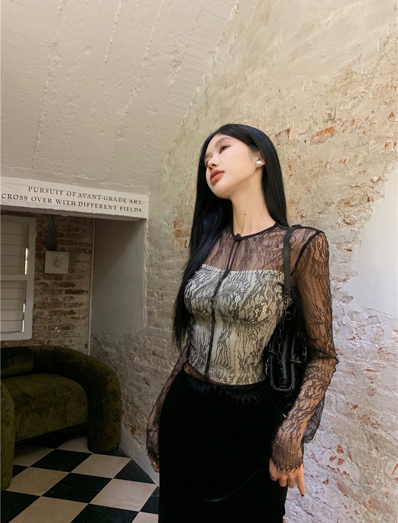 Long sleeve France style black perspective lace slim shirt