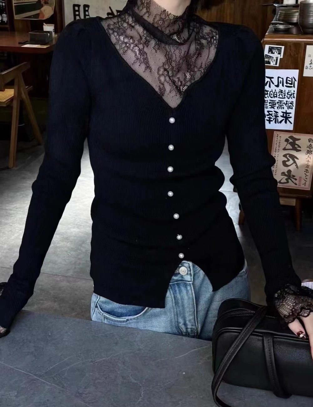 Lace France style bottoming shirt splice niche sweater