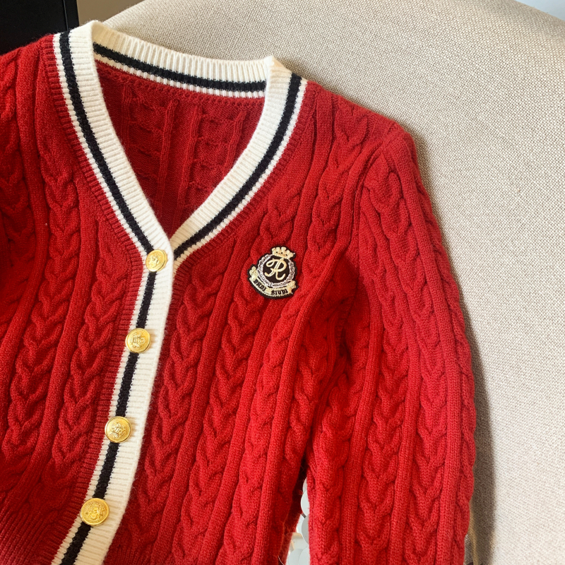 College style mixed colors sweater pinched waist cardigan